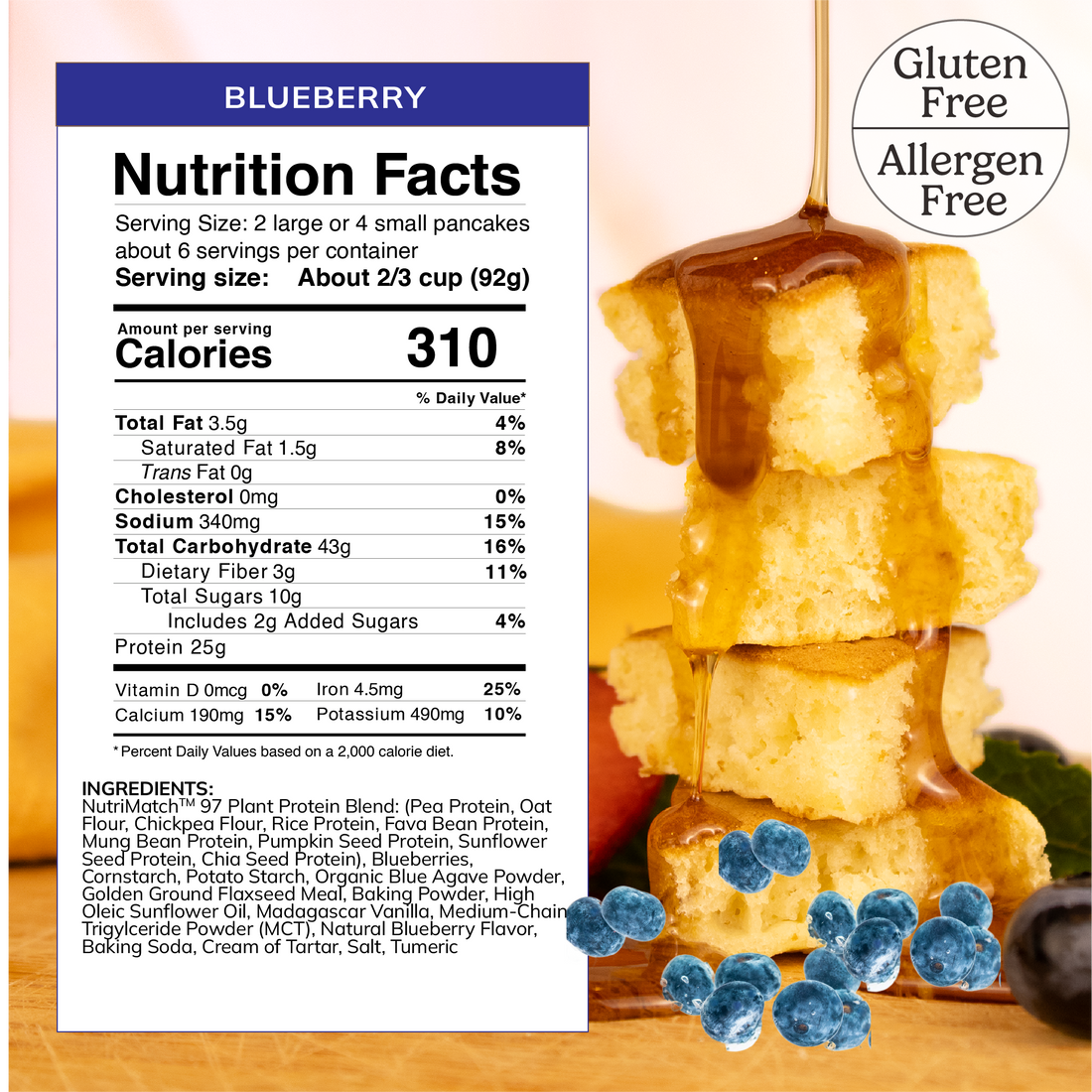 Ingredient list for LiveComplete Pancake & Waffle Mix - Gluten & Allergen Free Blend - Blueberry
