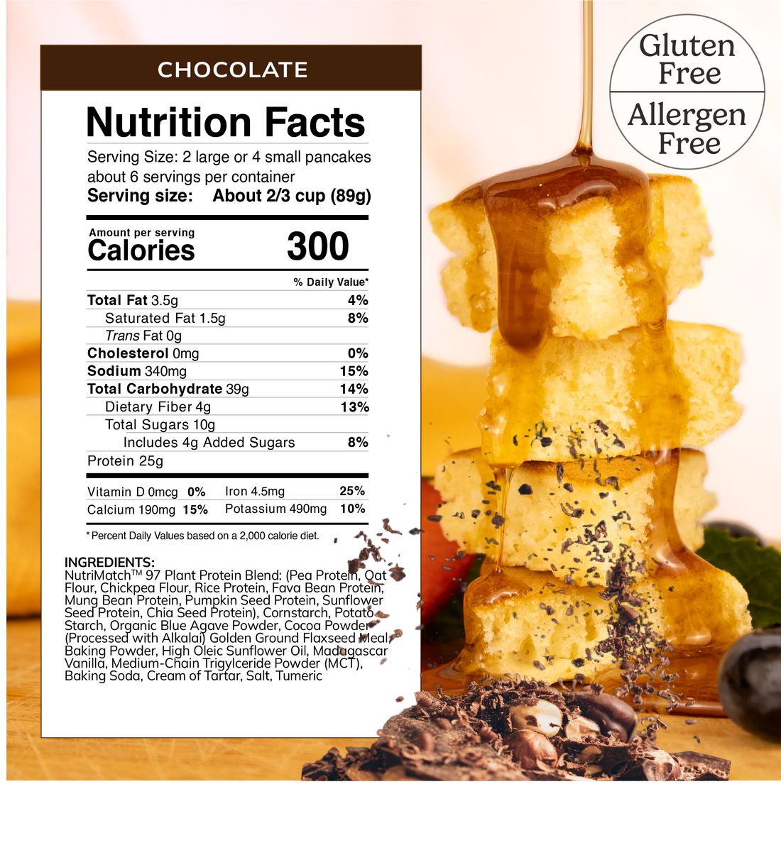 Ingredient list for LiveComplete Pancake & Waffle Mix - Gluten & Allergen Free Blend - Chocolate