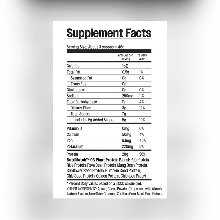 Ingredient list for NutriMatch Plant Protein - Sport/Performance | Chocolate | 28g Clean Plant Protein with 96% Match Rate | No Stevia or Fake Sugars
