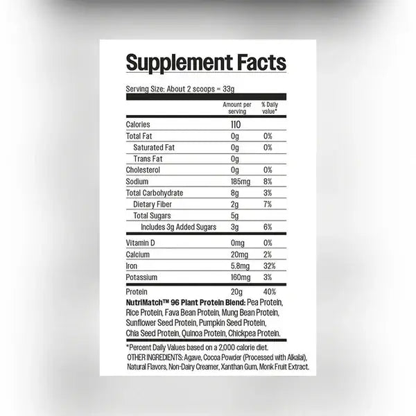 Nutrition facts for NutriMatch™ Chocolate Plant Protein Powder