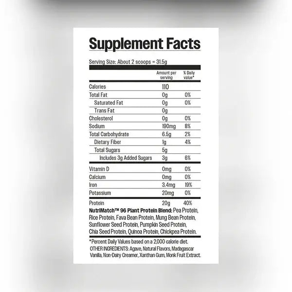 Nutrition facts for NutriMatch Vanilla Plant Protein Powder